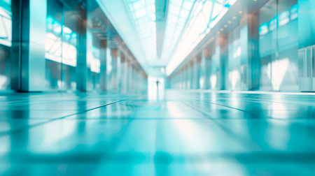 Futuristic office hallway featuring glass walls, sleek tile floor, and a bright light at the end. The space is empty, with a modern ceiling design. No individuals are present in the image.の素材