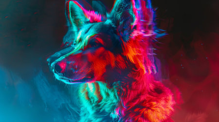 A vibrant and multicolored dog stands in stark contrast against the dark background, showing its unique appearance and presence in the dim lighting.の素材