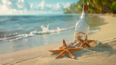 A clear glass bottle rests on the sandy beach with a delicate starfish perched on its surface under the bright sun.の素材