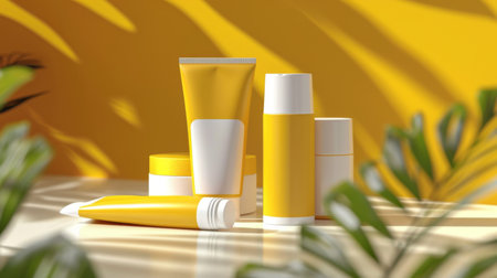 Various cosmetic products including lipstick, nail polish, and foundation displayed on a vibrant yellow background.の写真素材