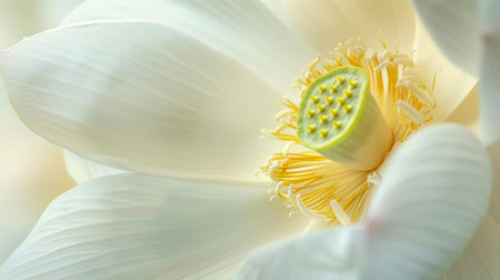 yellow stamens surrounding a green pistil.の素材