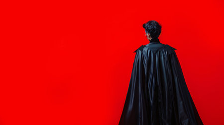 A person wearing a black cape stands with their back to the viewer against a red wall.の素材
