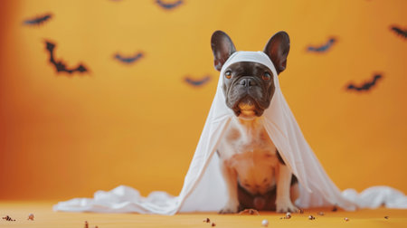 A French bulldog dressed in a white ghost costume for Halloween sits in front of a bright orange background with black bats scattered around.の素材