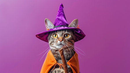 A tabby cat wearing a witchs hat and cape looks directly at the camera.の素材