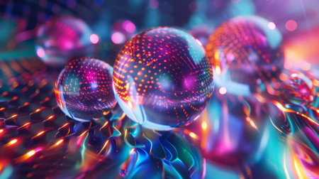 A close-up of colorful glass spheres reflecting light on an abstract, metallic surface. The spheres...