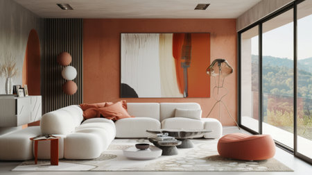 A modern living room with a white sectional sofa, orange accents, and a large window with a view of...