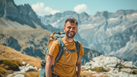 A man smiles while hiking in the mountains on a bright, sunny day.の素材
