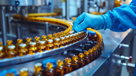 Close-up of a gloved hand inspecting pharmaceutical vials as they move along a conveyor belt in a modern factory setting.の素材