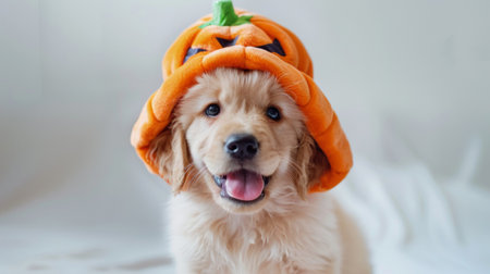 A cute golden retriever puppy wearing a pumpkin hat for Halloween. The puppy is looking at the camera with its tongue sticking out.の素材
