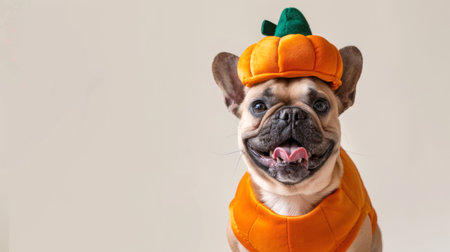 A French Bulldog is wearing an orange pumpkin costume and hat for Halloween.の素材