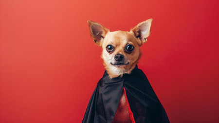 A small chihuahua wearing a black cape stands in front of a red background.の素材