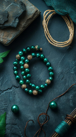 A beautifully crafted green beaded necklace rests on a dark textured surface, surrounded by natural accents and crafting materials that enhance its appeal.の素材
