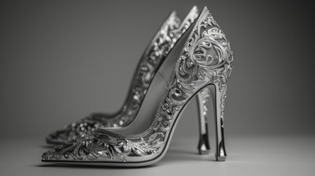 This luxurious pair of high heels features detailed craftsmanship with intricate designs. The elegant shoes are displayed against a simple background, highlighting their beauty and craftsmanship.の素材
