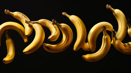 Fresh bananas dance in a graceful swirl against a dark background, showcasing their vibrant yellow color and natural curves, creating an artistic and dynamic effect.の素材