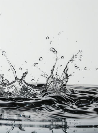 A vibrant splash of water erupts from a surface, sending droplets flying in multiple directions. The high clarity against a white background enhances the visual impact and details.の素材