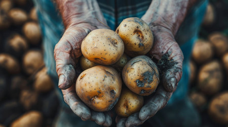 A man cradles several freshly dug, earthy potatoes in his hands, showcasing the bounty of a successful harvest on a rustic farm during autumn.の素材