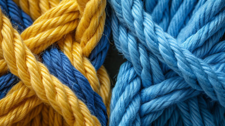 A vibrant arrangement of blue and yellow cotton threads is intertwined, showcasing the beauty of textile craftsmanship and the intricate patterns formed by the fibers.の素材