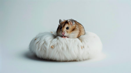 A small hamster is comfortably resting on a plush, circular bed, showcasing its cute features and relaxed posture against a minimalist background.の素材