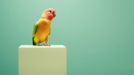 A vibrant bird with a pinkish head and colorful plumage stands on a sleek, modern perch in a well-lit indoor environment, showcasing its striking feathers against an aqua background.の素材