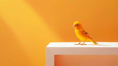 A vibrant yellow canary stands confidently on a sleek white perch. The background features warm orange hues, creating a lively atmosphere filled with natural light.の素材