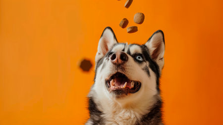 A cheerful husky sits under an orange background, eagerly trying to catch flying treats with a big smile. Its playful nature is on full display.の素材