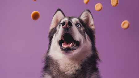 A cheerful malamute sits eagerly with its mouth open, ready to catch flying treats in a bright purple setting. Its exuberance captures pure joy and fun.の素材