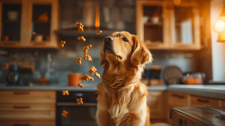 A golden retriever sits attentively, its eyes fixed on pieces of dog food that slowly hover above. The warm kitchen setting emphasizes its curiosity.の素材