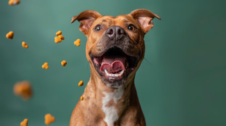A cheerful pitbull dog displays an excited, happy face while sitting against a green backdrop, eagerly catching delicious treats in its mouth.の素材
