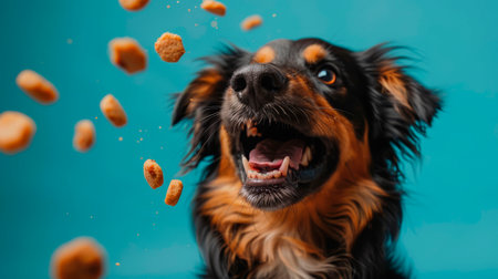 A cheerful dog sits with a wide, happy grin, eagerly catching scattered treats against a vibrant blue backdrop, showing pure delight and energy.の素材