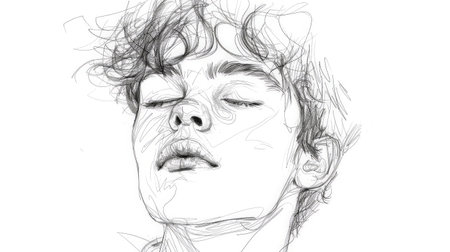 The serene expression of a young individual with tousled curls and gently closed eyes, conveying a moment of tranquility and introspection.の素材