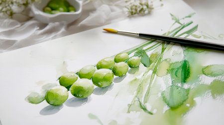 A vibrant watercolor painting features several green peas arranged artistically on textured paper. A paintbrush rests nearby, enhancing the art's creative ambiance.の素材