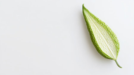 A fresh bitter melon sits on a smooth white background, showcasing its unique, textured surface and vibrant green color, perfect for culinary and nutritional discussions.の素材