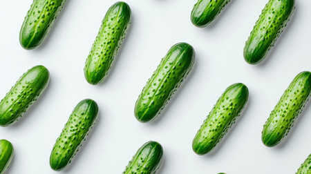 Multiple fresh cucumbers are arranged in a uniform pattern on a plain white background, highlighting their smooth skin and rich green color. The arrangement emphasizes natural beauty.の素材