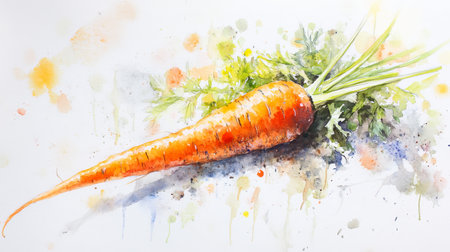 A detailed watercolor representation of a fresh carrot lying on a light background, highlighting its rich orange color and green foliage. The artwork captures the essence of fresh produce.の素材