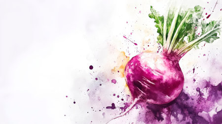 A fresh radish is beautifully captured in a watercolor style, featuring rich colors and dynamic splashes, highlighting the vegetable's texture and shape.の素材