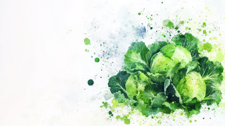 A cluster of fresh green cabbage heads is artistically illustrated with vibrant splashes of color against a soft, light background, creating a lively composition.の素材