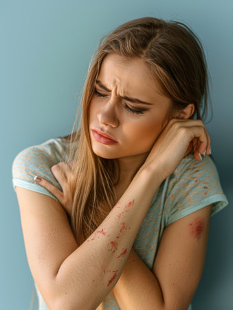 A young woman shows signs of an allergic reaction, holding her arm with visible irritation and redness on her skin, displaying discomfort. The background is light blue.の素材
