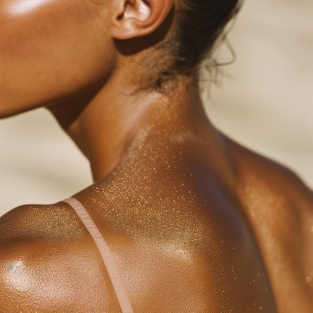 A woman is basking in the sun on the beach, showcasing her radiant, bronzed skin. Her shoulder glistens with a natural sheen, embodying summer vibes and relaxation.の素材