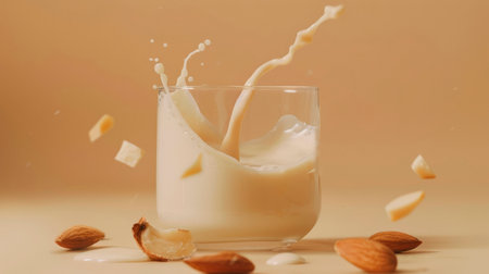 A large drop of almond milk flows dramatically from a glass, splashing against a smooth surface, with almonds scattered around in a warm-toned setting.の素材