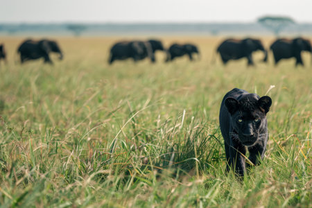 A striking black panther moves stealthily through the lush grasses of the savannah, its keen eyes focused on the surrounding landscape, as elephants roam in the distance.の素材