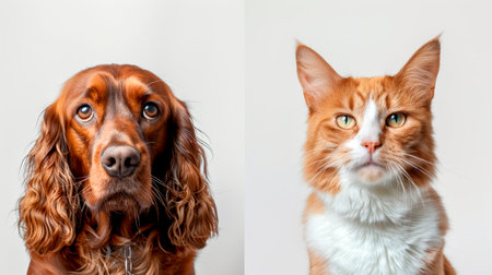This striking portrait features a Russian Spaniel with a beautiful curly coat alongside a Scottish cat, both exuding unique personalities. Their captivating gaze captures attention perfectly.の素材