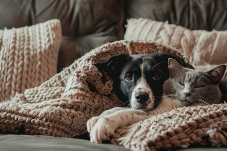 A black dog cuddles closely with a gray cat, both nestled under a warm knit blanket on a soft couch. The atmosphere is calm and inviting, perfect for relaxation.の素材