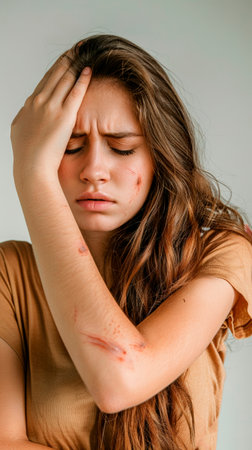 A young woman shows signs of distress due to an allergic reaction, with irritated skin and scratches on her arm. She appears worried and uncomfortable in a calm environment.の素材