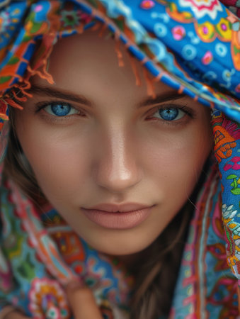 This portrait showcases a Ukrainian woman with striking blue eyes, adorned in a brightly colored scarf. The closeup emphasizes her natural beauty and cultural expression.の素材