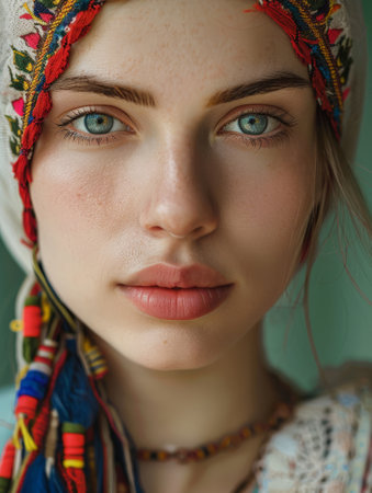 A Ukrainian woman is featured with a close-up view highlighting her striking blue eyes and traditional headscarf, set against a calm indoor background.の素材