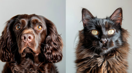 A Russian Spaniel and a Scottish Fold cat are sitting side by side, showcasing their distinct fur textures and curious expressions in a cozy indoor setting.の素材