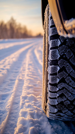 A close-up view of a frosty tire against a backdrop of fresh snow, with tire tracks leading into the distance, illuminated by the warm glow of sunset.の素材