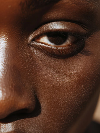 The focus is on a person's eye, highlighting the intricate details of the skin texture surrounding the eyelid, illuminated by soft natural lighting.の素材