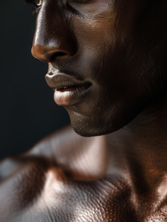 This striking close-up highlights a male model with impressive muscular definition. The rich tones of his skin contrast beautifully against the dark backdrop, emphasizing his features.の素材