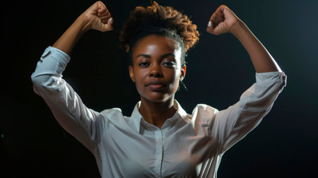 A woman stands confidently, raising her arms to convey strength and empowerment. She wears a white shirt, and the soft lighting highlights her expression of determination.の素材